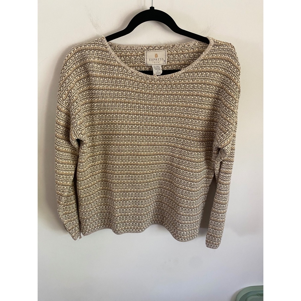 Express Tricot Vintage Ramie Cotton Textured Knit Sweater Neutral Tan Cream M